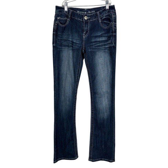 Rhythm In Blues Y2K Low Rise Embroidered Rhinestone Dark Wash Bootcut Jeans 4 - Picture 1 of 5